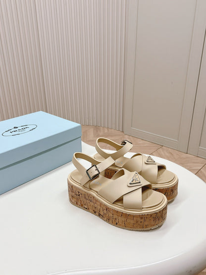 PRA WEDGE PLATFORM SANDALS BEIGE CALFSKIN