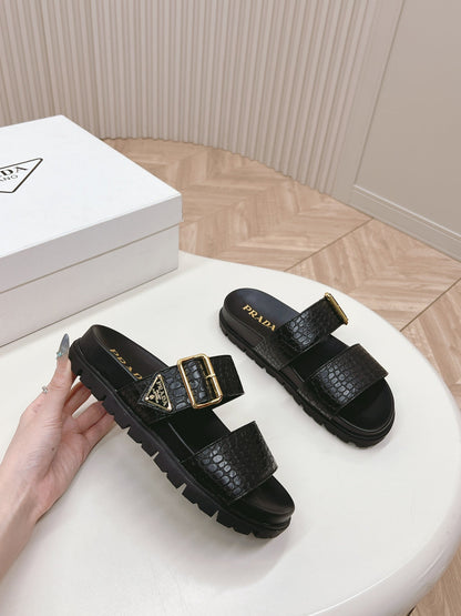 PRA CROCODILE MOTIF SLIDES SANDALS BLACK CALFSKIN