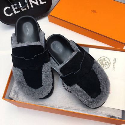 GO MULE IN BLACK SUEDE ATTACH LIGHT GRAY FLEECE