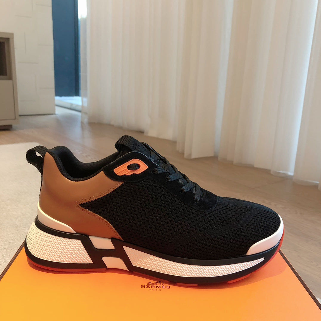 HEROS SNEAKER IN BLACK BREATHABLE MESH FABRIC AND BRONZE BROWN CALFSKIN