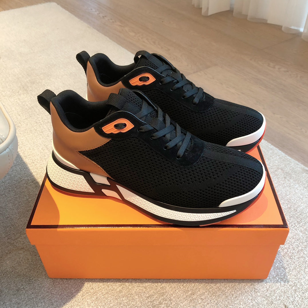 HEROS SNEAKER IN BLACK BREATHABLE MESH FABRIC AND BRONZE BROWN CALFSKIN