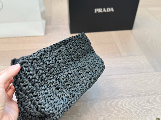 WHITE EMBROIDED LOGO TOTE BAG 22 IN BLACK WOVEN RAFFIA