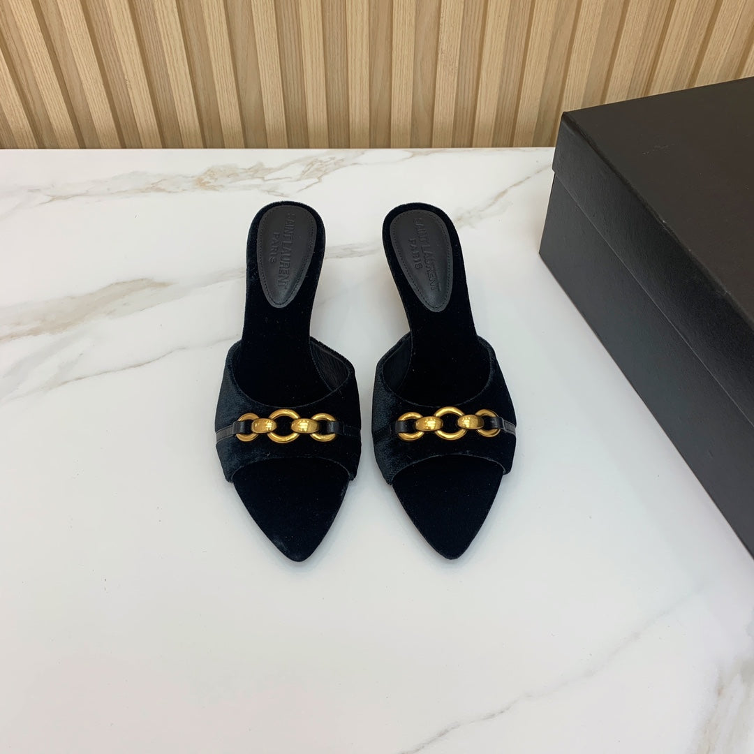 SL CHAIN ATTACH HEELED MULES BLACK VELVET