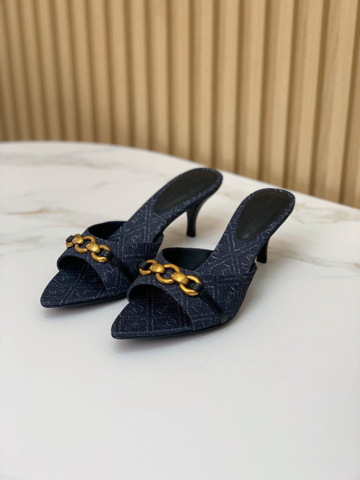 SL CHAIN ATTACH HEELED MULES INDIGO DENIM