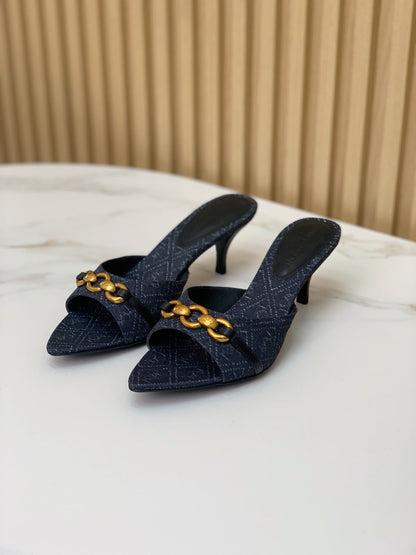 SL CHAIN ATTACH HEELED MULES INDIGO DENIM