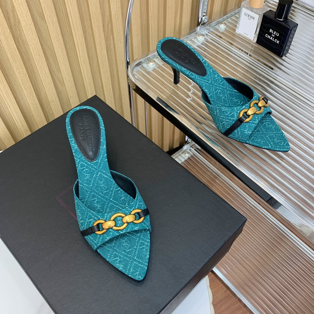 SL CHAIN ATTACH HEELED MULES SAPPHIRE DENIM
