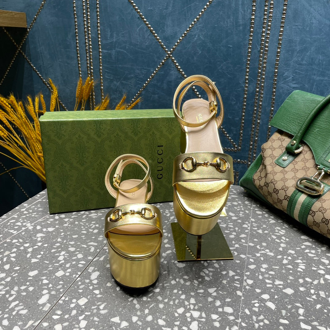 GG HORSEBIT FLATFORM SANDAL METALLIC GOLD CALFSKIN
