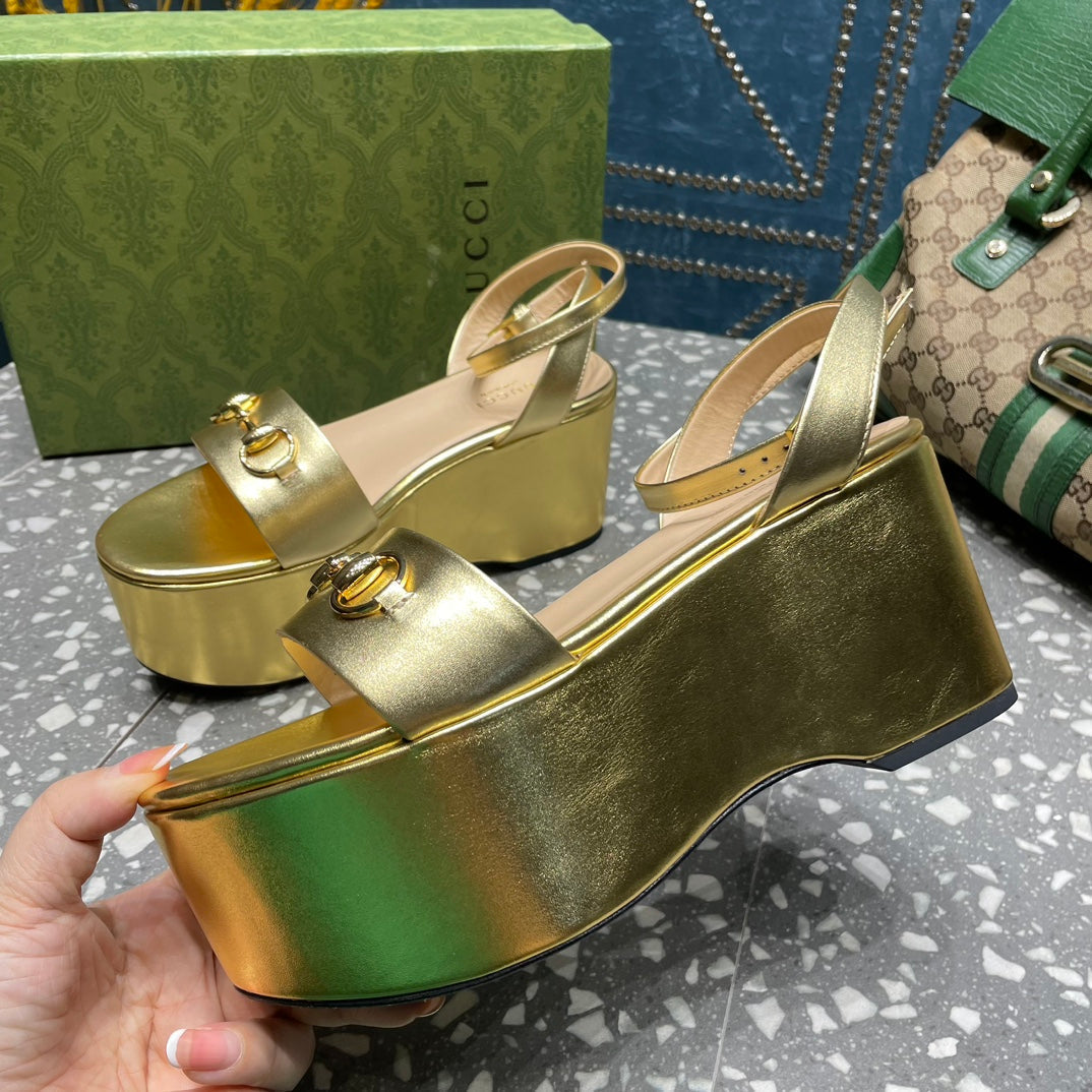 GG HORSEBIT PLATFORM SANDAL METALLIC GOLD CALFSKIN