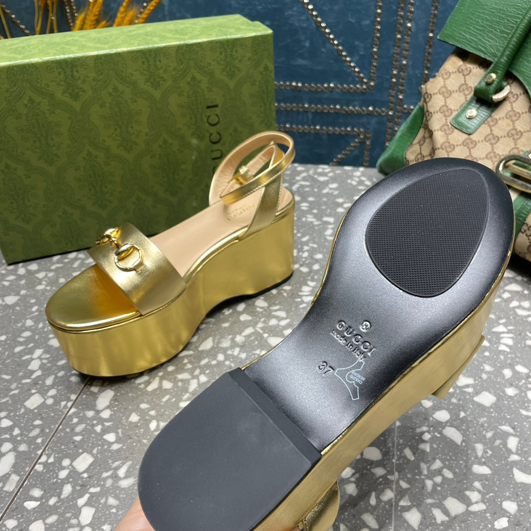GG HORSEBIT FLATFORM SANDAL METALLIC GOLD CALFSKIN