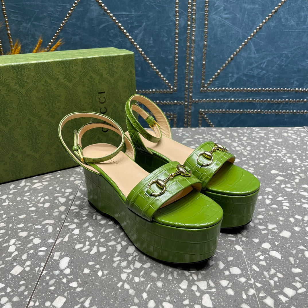 GG HORSEBIT FLATFORM SANDAL GREEN CALFSKIN
