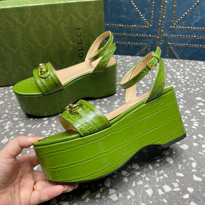 GG HORSEBIT PLATFORM SANDAL GREEN CALFSKIN