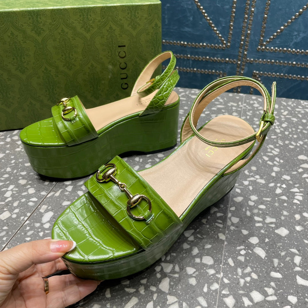 GG HORSEBIT FLATFORM SANDAL GREEN CALFSKIN