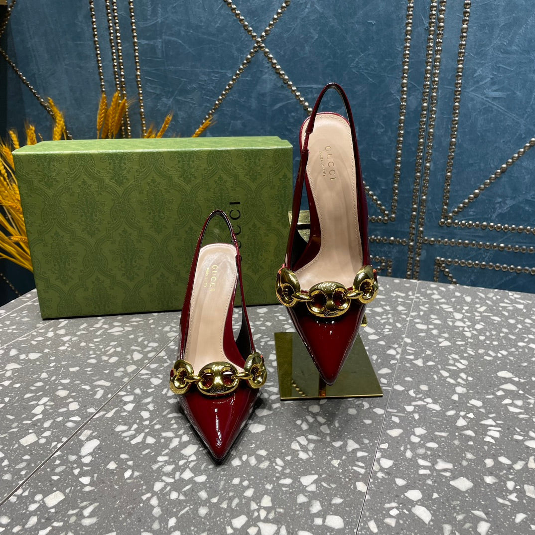 WOMEN'S SLINGBACK 10.5 CM IN GARNET RED CALFSKIN WITH GOLD HARDWARE