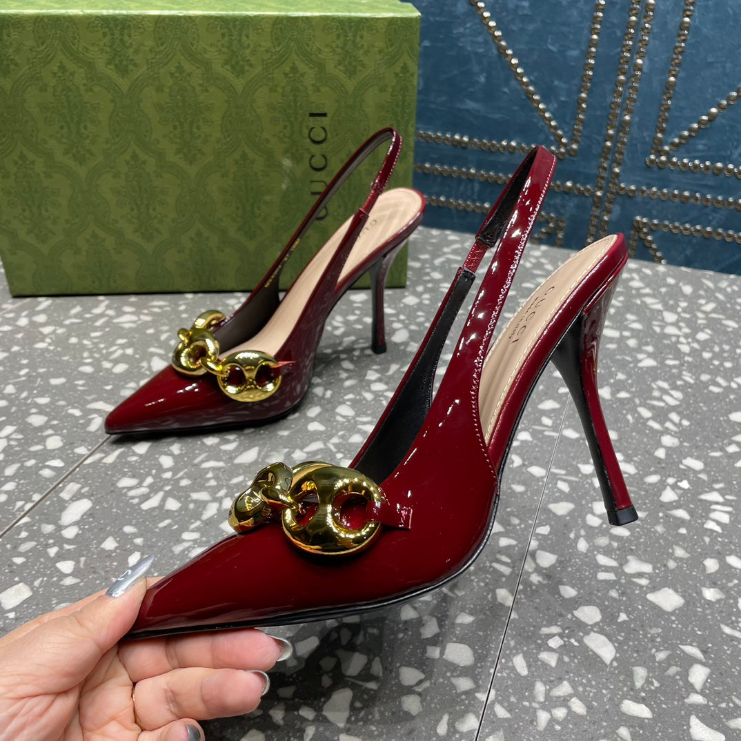 WOMEN'S SLINGBACK 10.5 CM IN GARNET RED CALFSKIN WITH GOLD HARDWARE