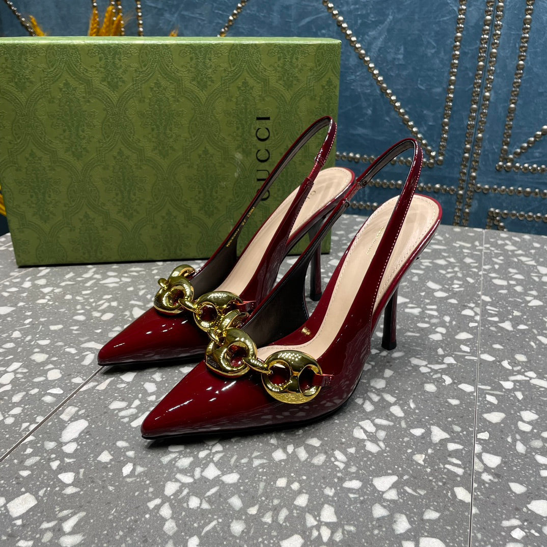 WOMEN'S SLINGBACK 10.5 CM IN GARNET RED CALFSKIN WITH GOLD HARDWARE