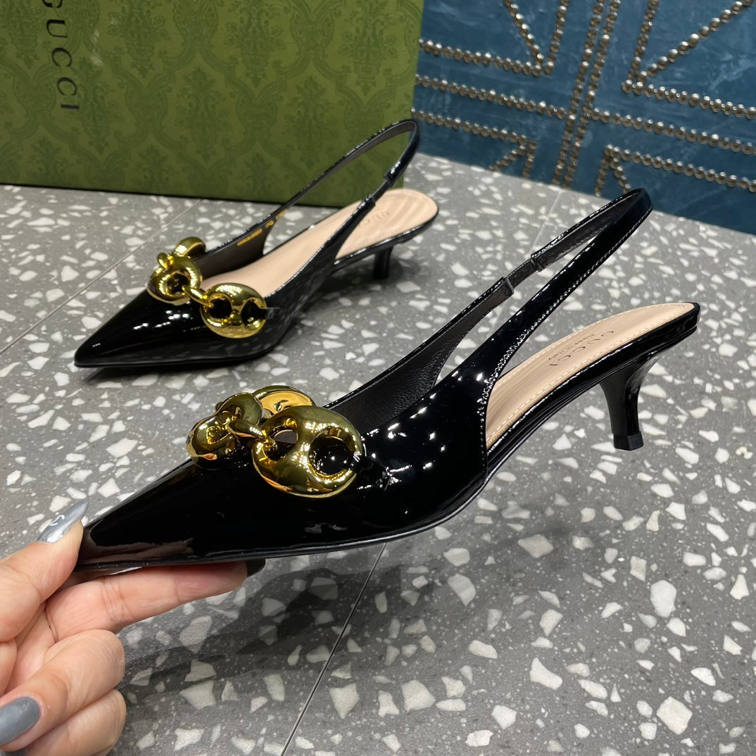 WOMEN'S SLINGBACK 45MM IN BLACK CALFSKIN WITH GOLD HARDWARE