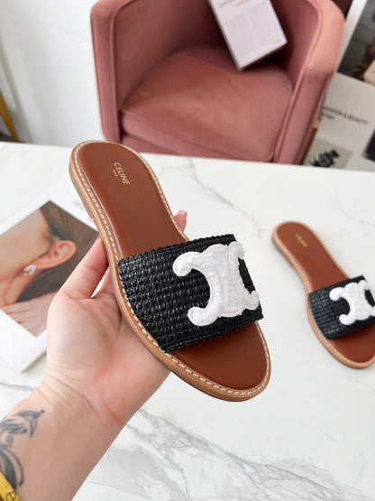 LYMPIA MULE BLACK RAFFIA AND WHITE WOOL LOGO