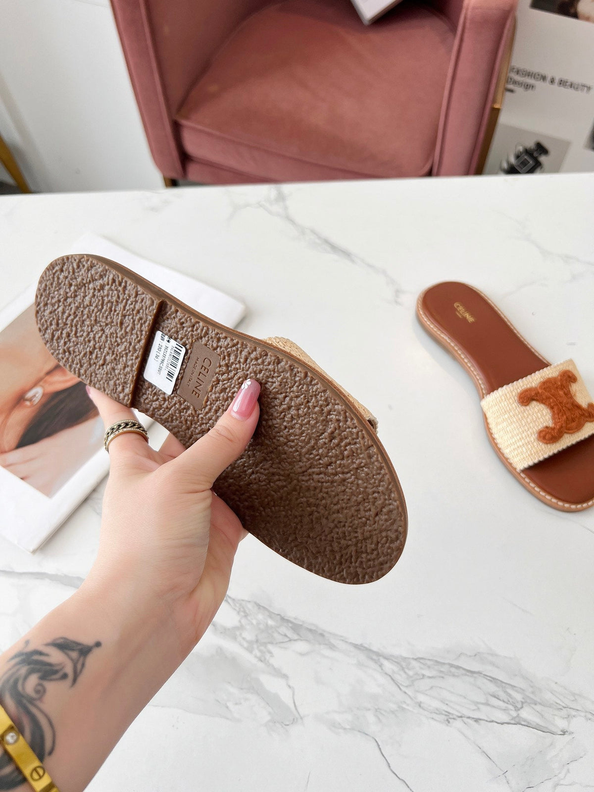 LYMPIA MULE BEIGE RAFFIA AND TAN WOOL