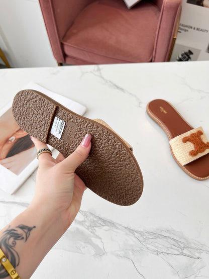 LYMPIA MULE BEIGE RAFFIA AND TAN WOOL