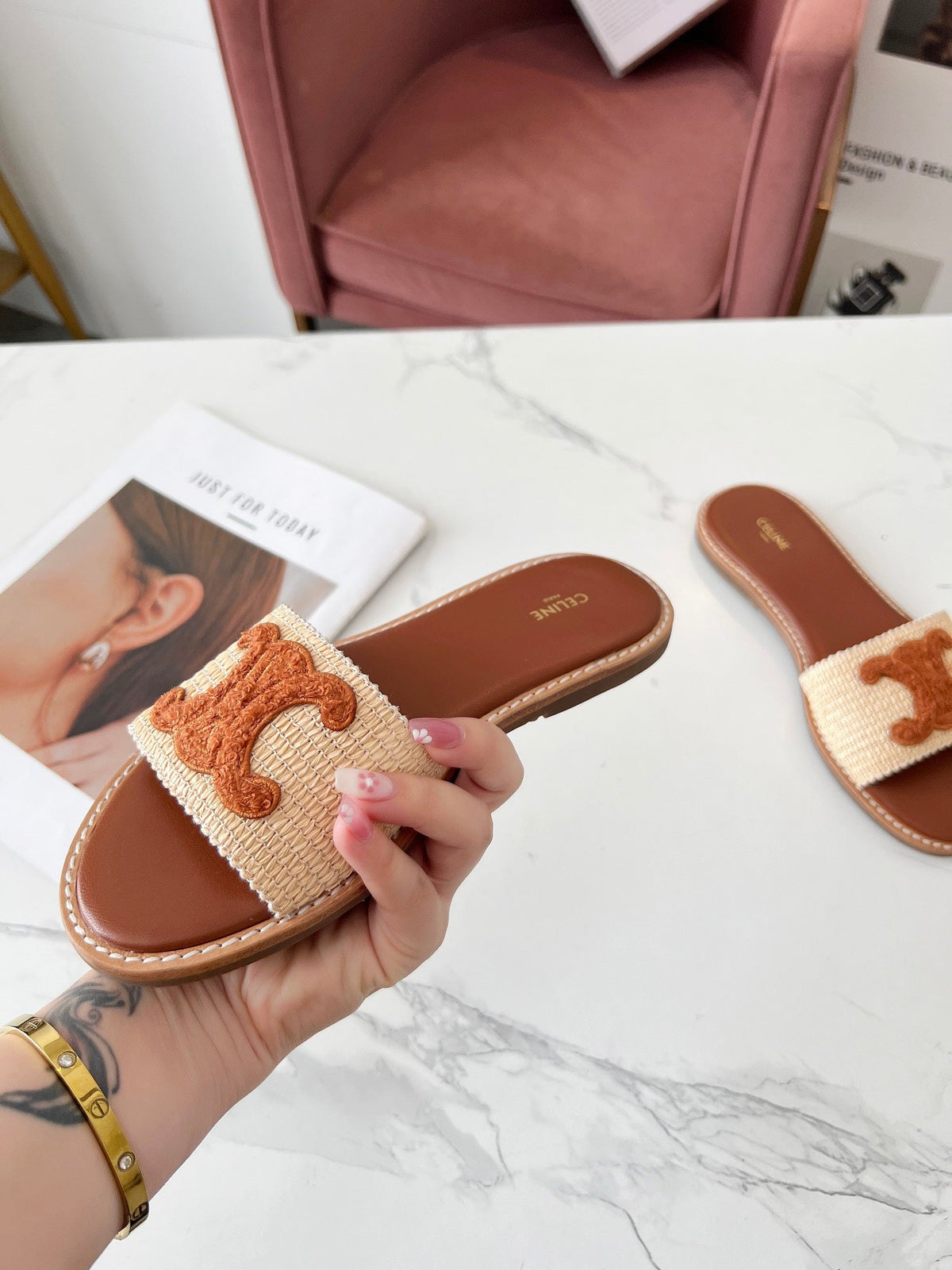 LYMPIA MULE BEIGE RAFFIA AND TAN WOOL