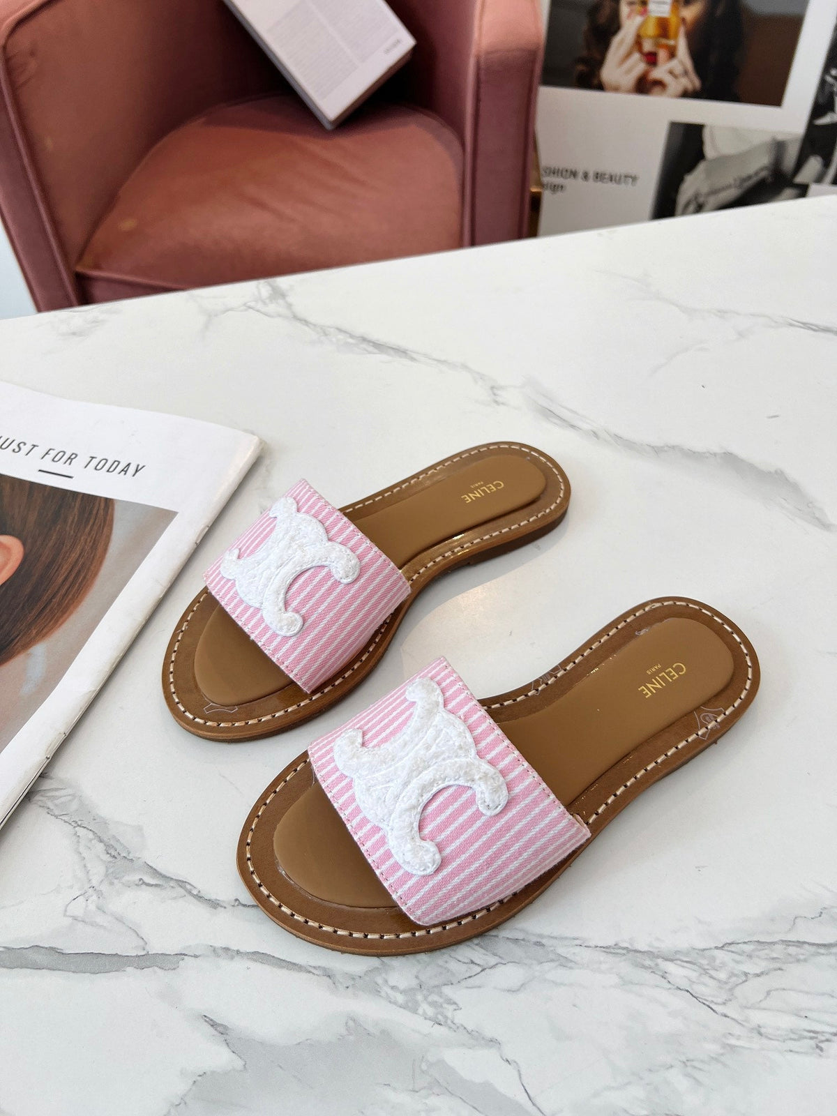 LYMPIA MULE STRIPED LIGHT PINK CANVAS WOOL LOGO