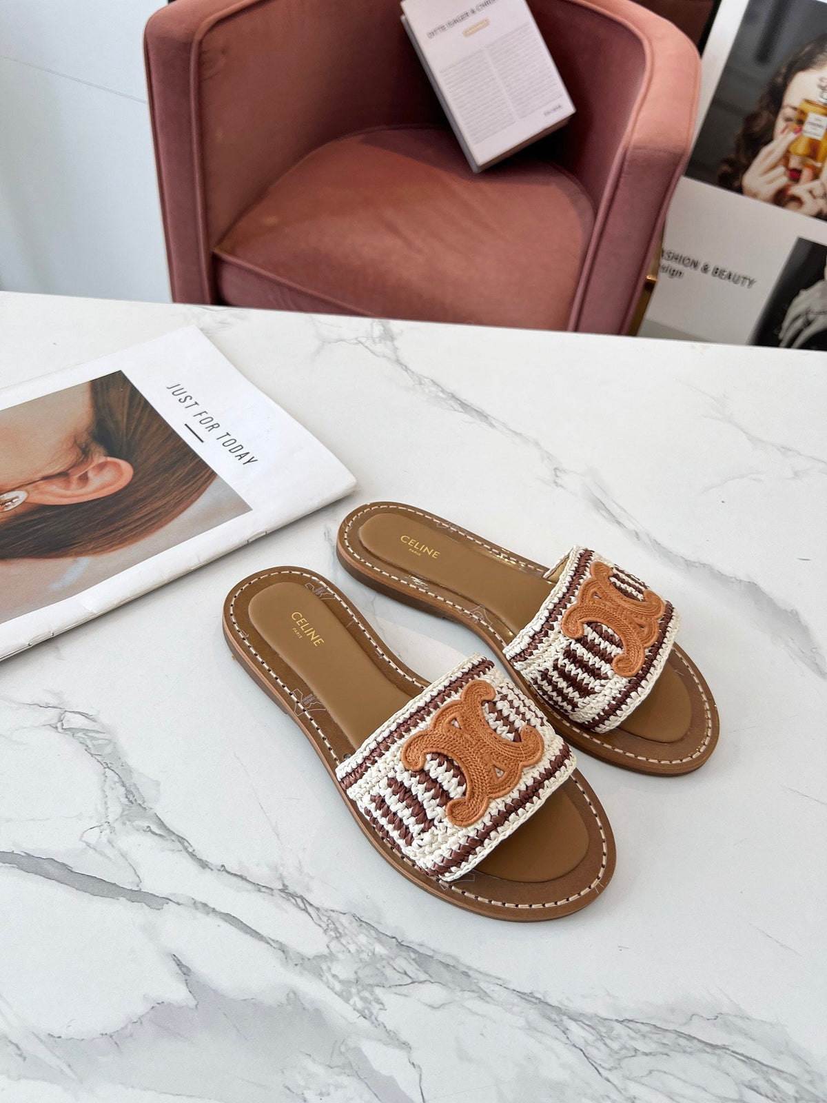 LYMPIA MULE WHITE MIX BROWN RAFFIA PERU BROWN LOGO