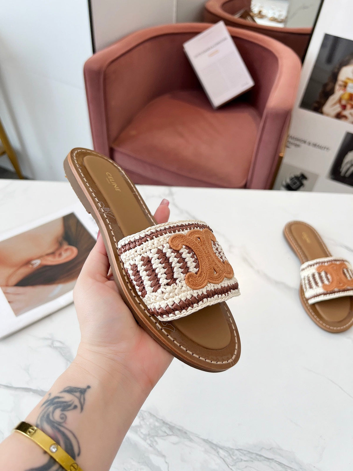 LYMPIA MULE WHITE MIX BROWN RAFFIA PERU BROWN LOGO