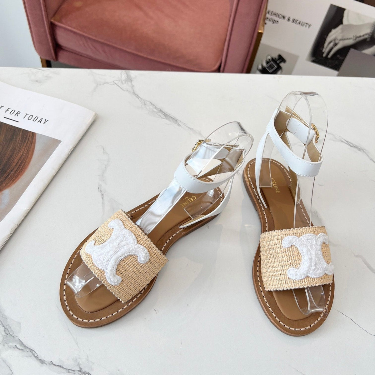 TRIOMPHE SANDALS BEIGE RAFFIA WHITE WOOL