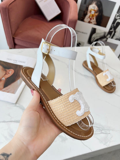 TRIOMPHE SANDALS BEIGE RAFFIA WHITE WOOL