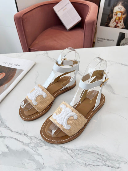 TRIOMPHE SANDALS BEIGE RAFFIA WHITE WOOL