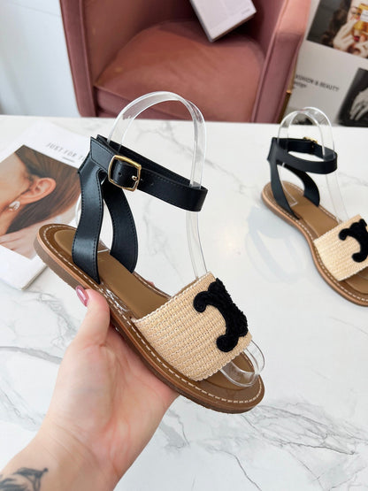 TROMPHE SANDALS BEIGE RAFFIA BLACK WOOL