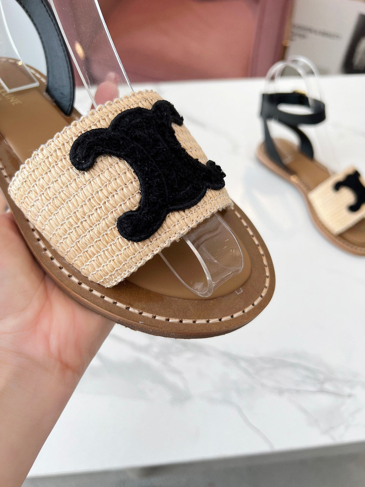 TROMPHE SANDALS BEIGE RAFFIA BLACK WOOL