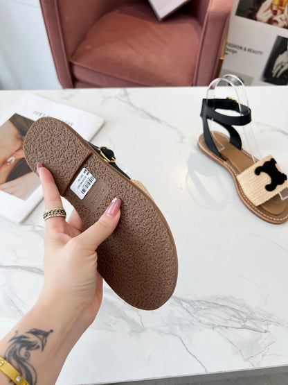 TROMPHE SANDALS BEIGE RAFFIA BLACK WOOL