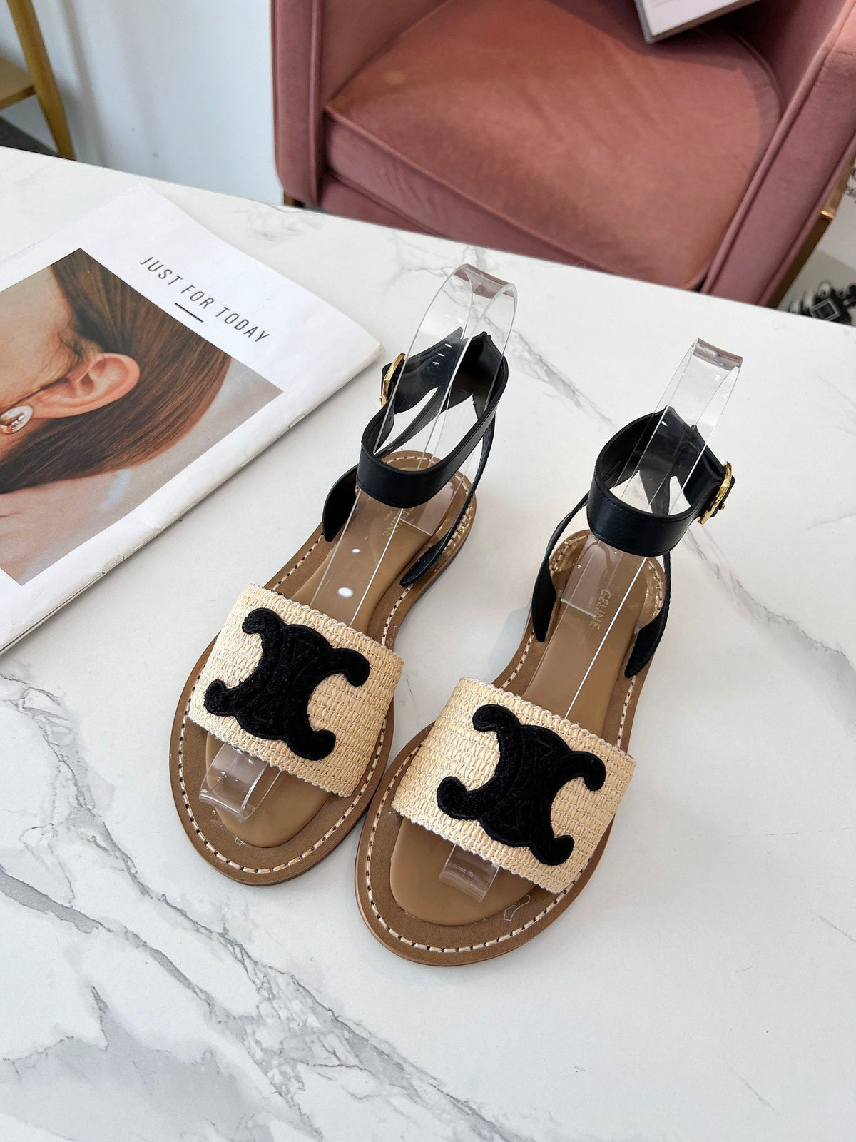 TROMPHE SANDALS BEIGE RAFFIA BLACK WOOL