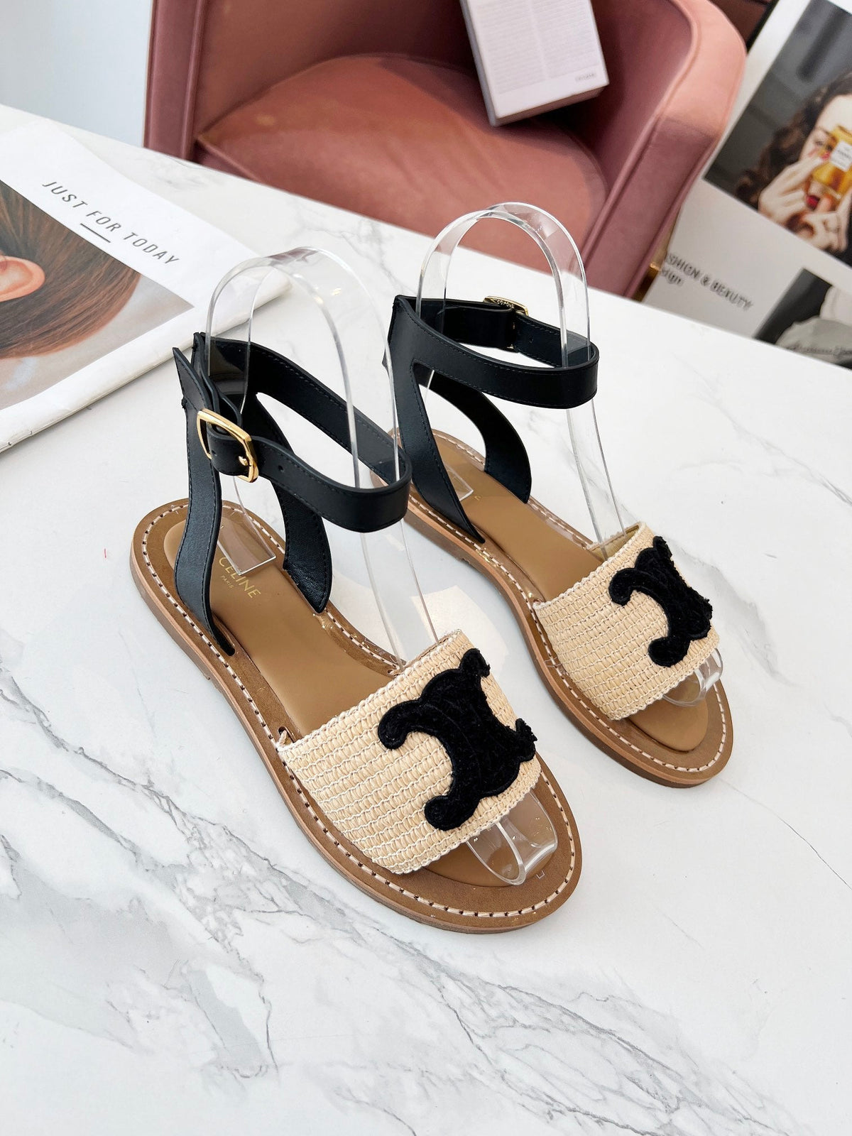 TROMPHE SANDALS BEIGE RAFFIA BLACK WOOL
