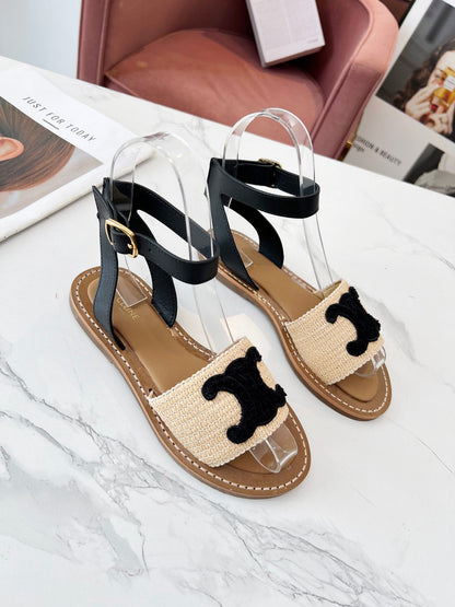 TROMPHE SANDALS BEIGE RAFFIA BLACK WOOL