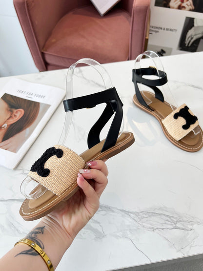 TROMPHE SANDALS BEIGE RAFFIA BLACK WOOL