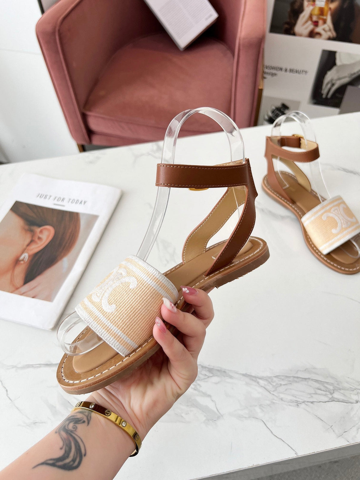 LYMPIA SANDAL IN BISQUE BEIGE MIX WHITE TRIOMPHE JACQUARD CANVAS & CALFSKIN