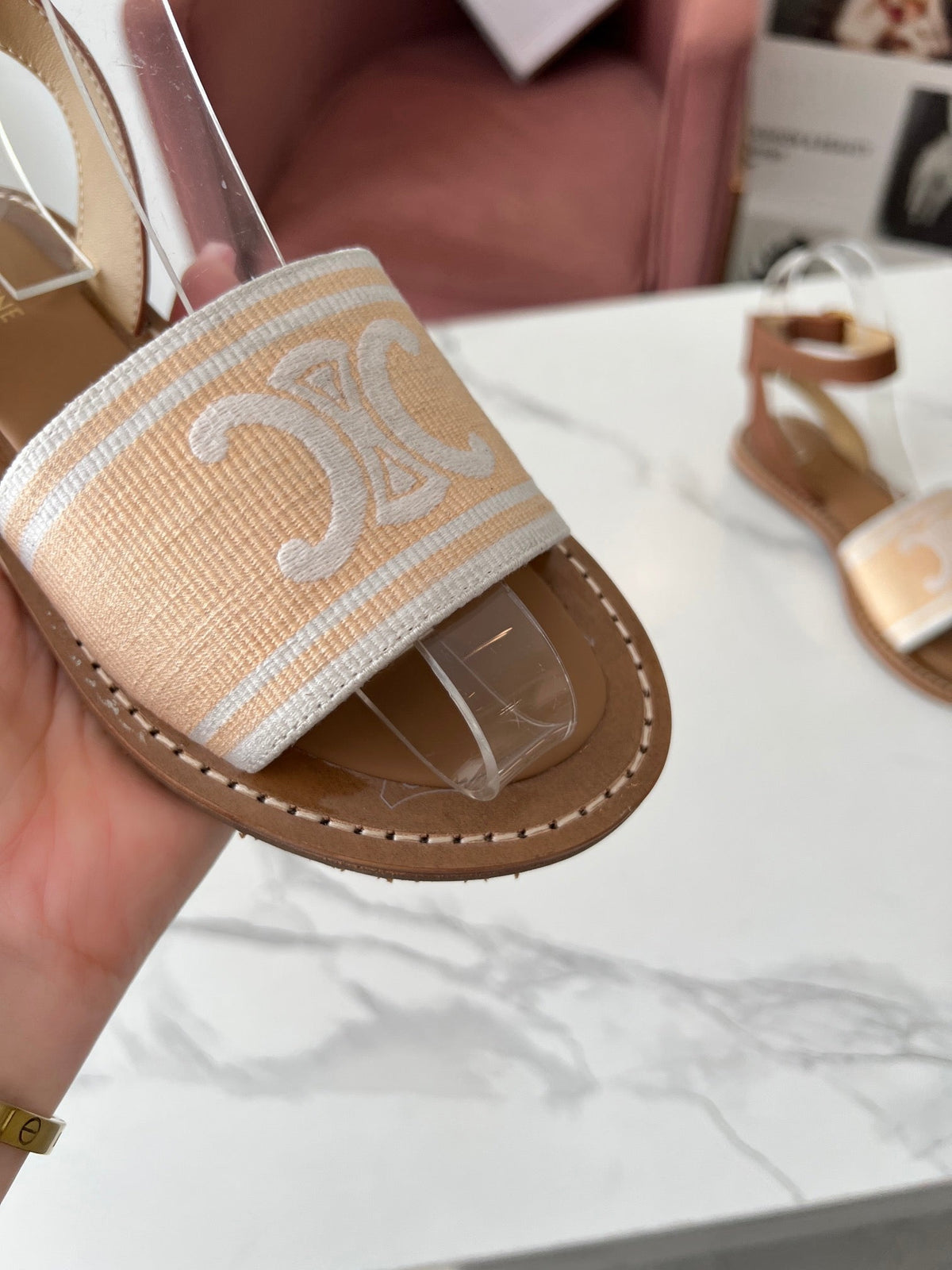 LYMPIA SANDAL IN BISQUE BEIGE MIX WHITE TRIOMPHE JACQUARD CANVAS & CALFSKIN