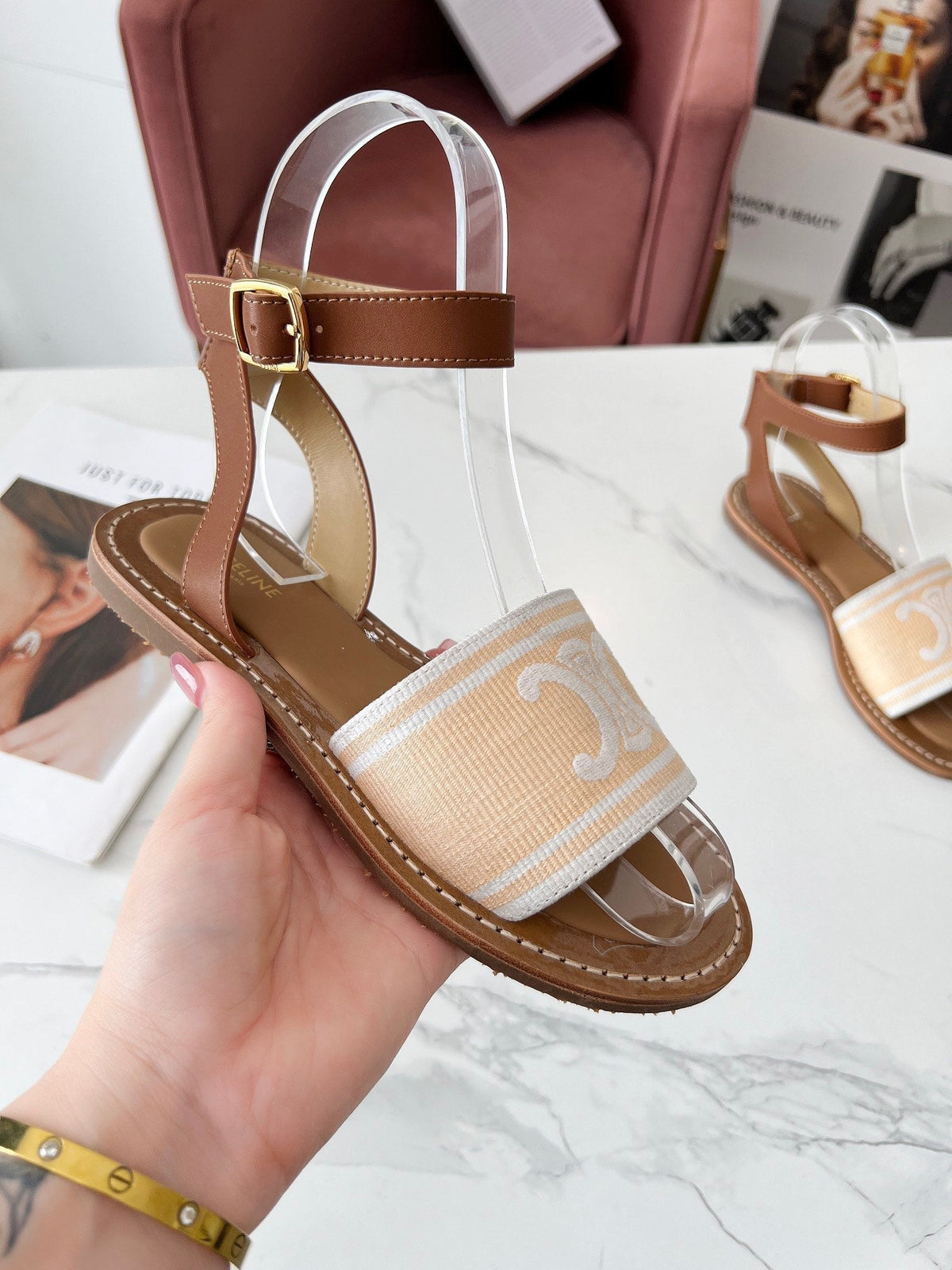 LYMPIA SANDAL IN BISQUE BEIGE MIX WHITE TRIOMPHE JACQUARD CANVAS & CALFSKIN