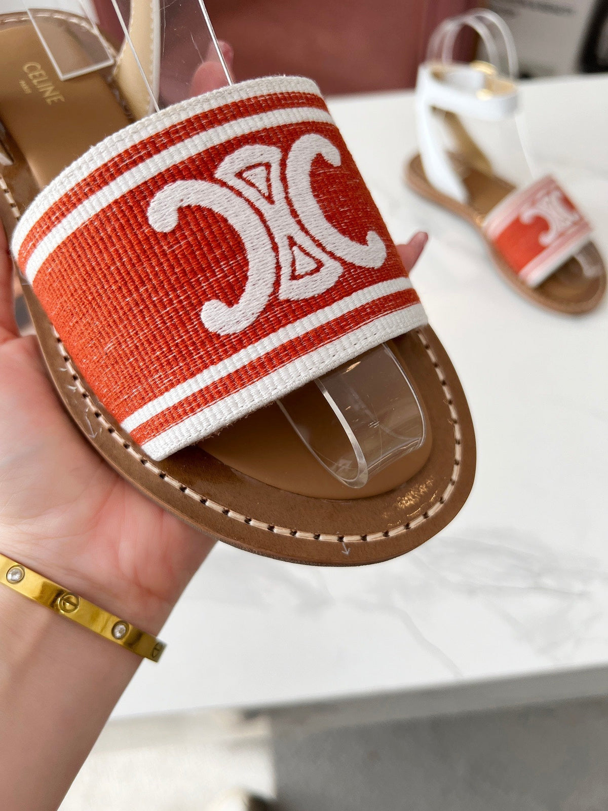 LYMPIA SANDAL IN RED MIX WHITE TRIOMPHE JACQUARD CANVAS & CALFSKIN