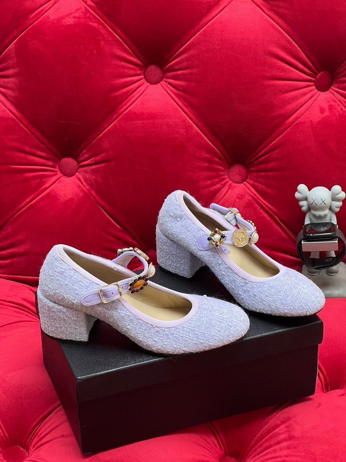 HIGH MARY JANE SHOES LIGHT BLUE WOOL TWEED