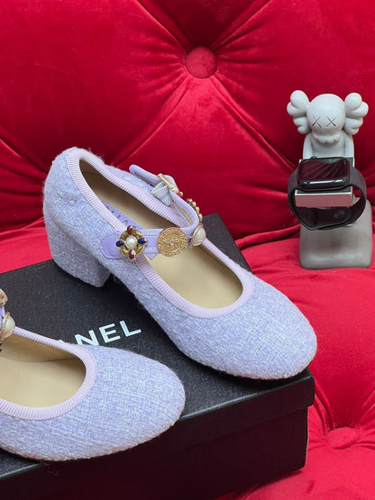 HIGH MARY JANE SHOES LIGHT BLUE WOOL TWEED