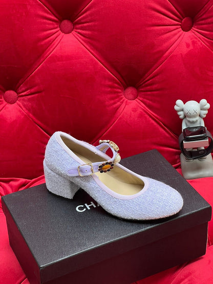 HIGH MARY JANE SHOES LIGHT BLUE WOOL TWEED