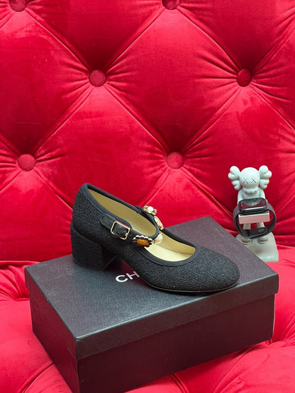 HIGH MARY JANE SHOES BLACK WOOL TWEED