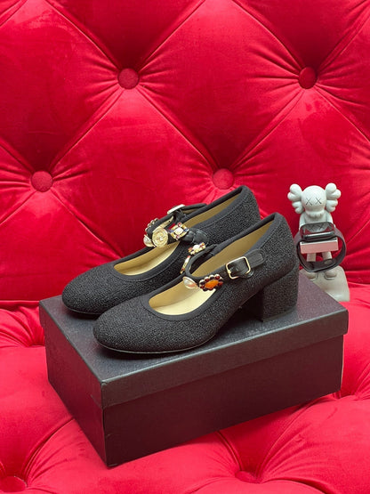 HIGH MARY JANE SHOES BLACK WOOL TWEED