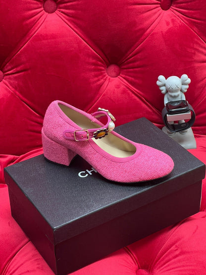 HIGH MARY JANE SHOES HOT PINK WOOL TWEED
