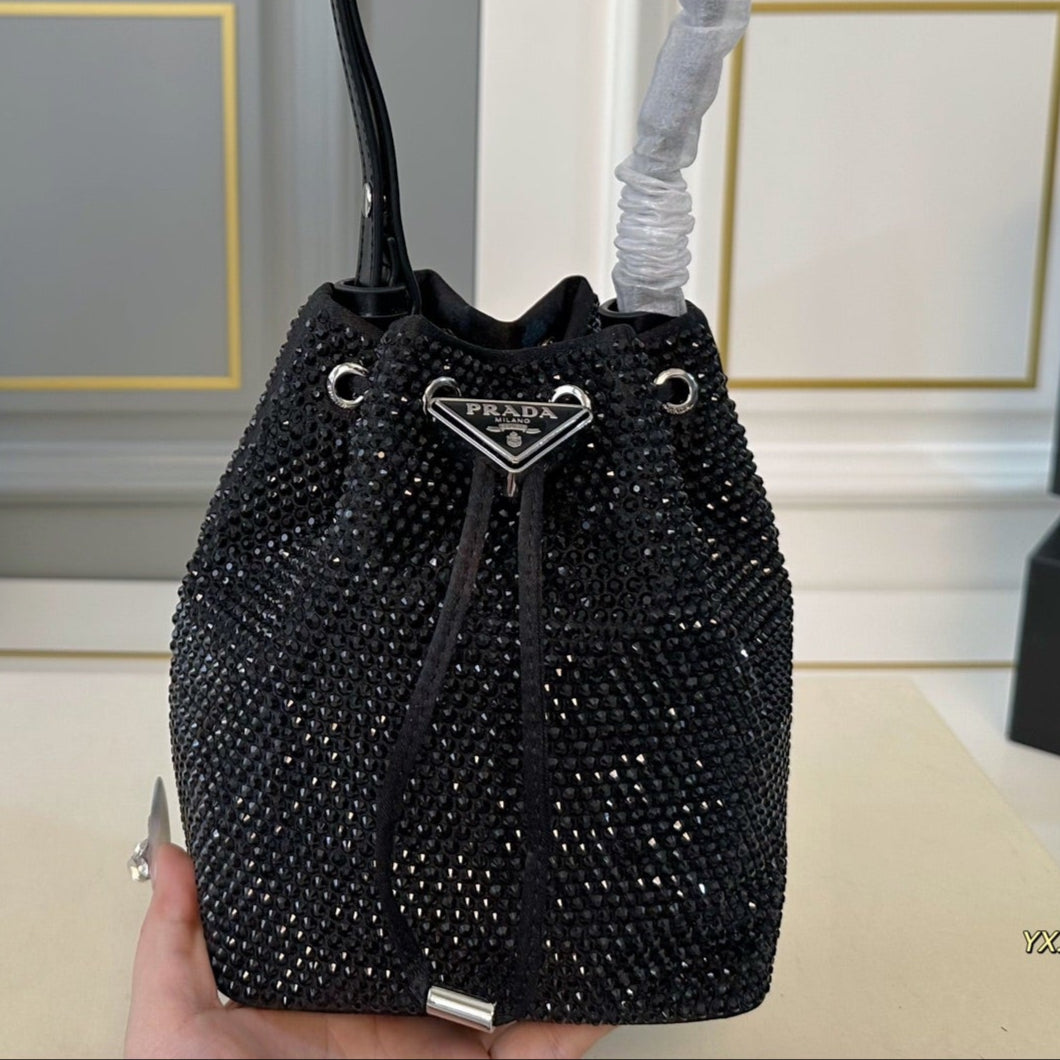 STUDDED BUCKET BAG 19 IN BLACK RE-NYLON MIX CALFSKIN