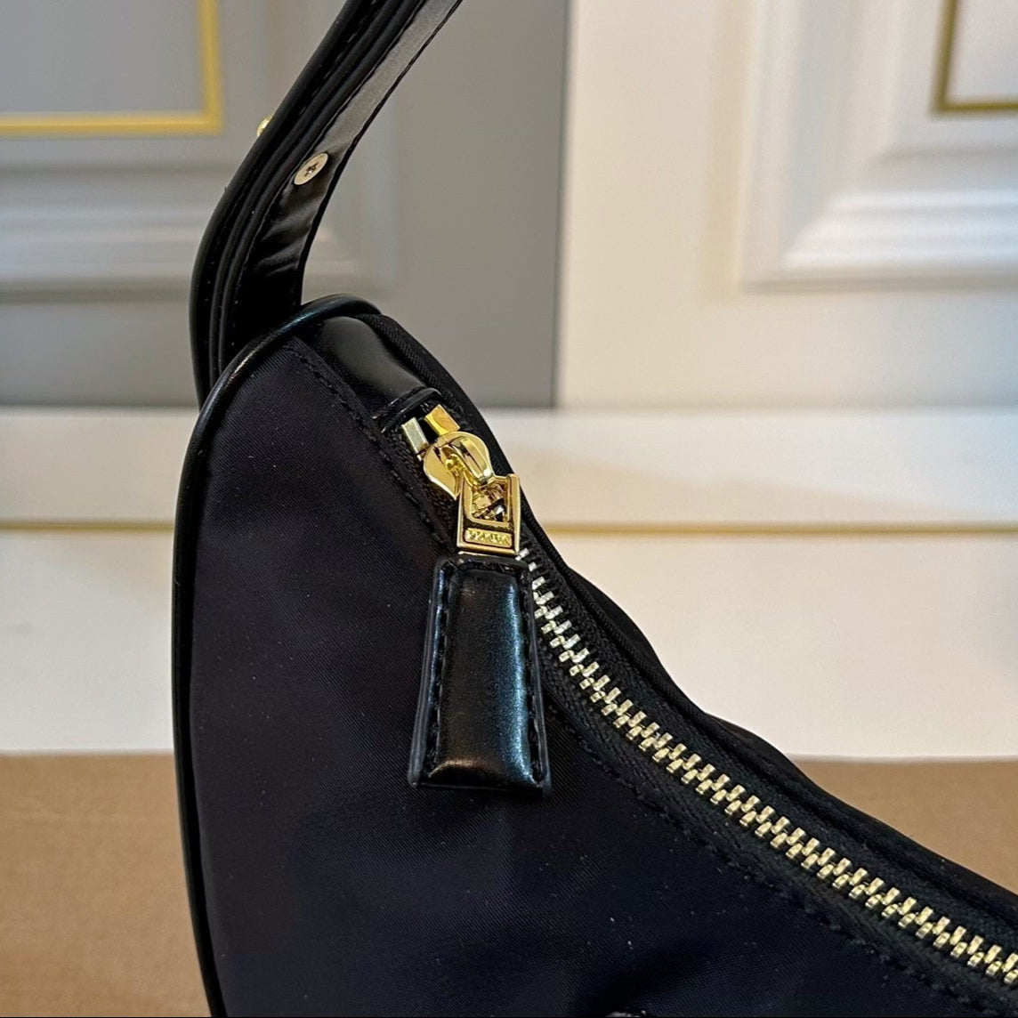 ARQUÉ SHOULDER BAG 23 IN BLACK RE-NYLON GOLD HARDWARE