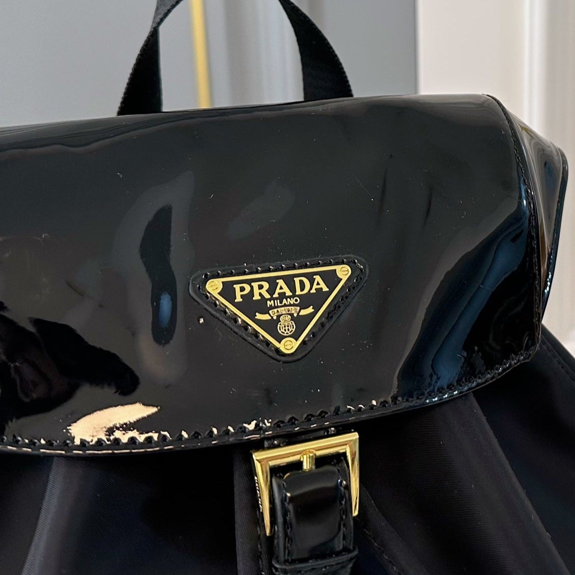 BACKPACK 30 IN BLACK RE-NYLON AND PATENT CALFSKIN GOLD HARDWARE